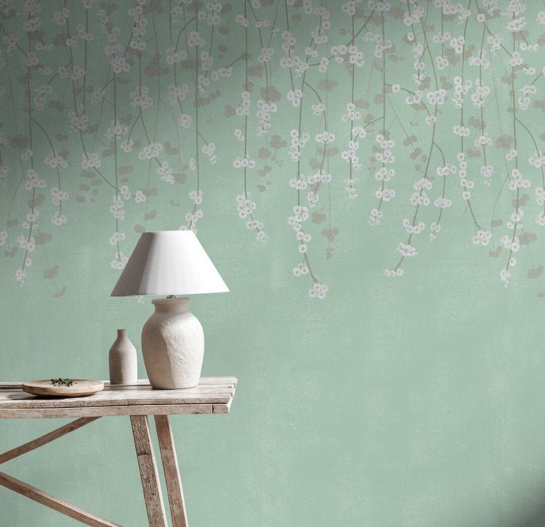 Cherry Blossom Wallpaper, Mint Green Chinoiserie Wallpaper, Floral Peel