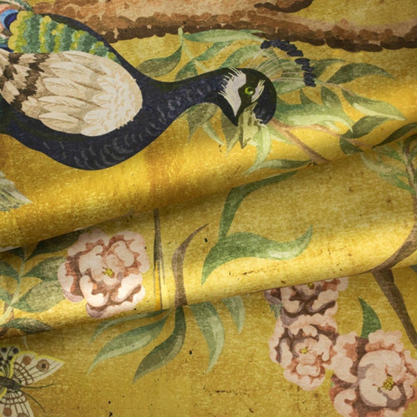 Tela de cortina de pájaros Chinoiserie, tela satinada de lujo, tela estampada de estilo vintage