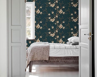 Chinoiserie blue cherry blossom wallpaper, paste the wall removable peel and stick wallpaper