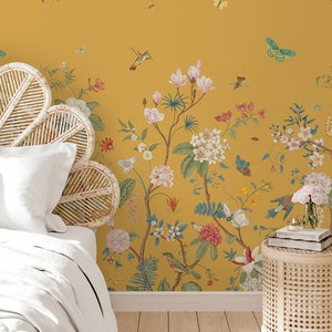 Butterfly wallpaper, yellow floral wallpaper, paste the wall mural removable peel and stick