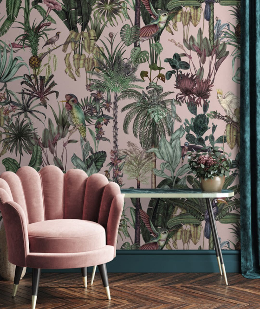 Tropical Bird Wallpaper, Pink Jungle Wall Mural, Removable Peel and