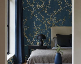Blue & Gold Metallic Cherry Blossom Wall Mural Hanami, luxury wallpaper mural