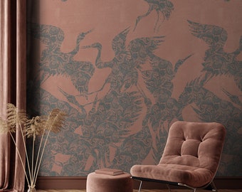 Beautiful Red Heron Bird Wallpaper, Luxury Chinoiserie Removable Peel & Stick Wallpaper Mural