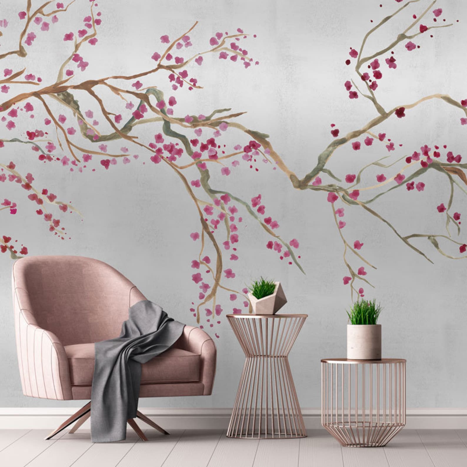 Silver Metallic Chinoiserie Cherry Blossom Luxury wallpaper Etsy