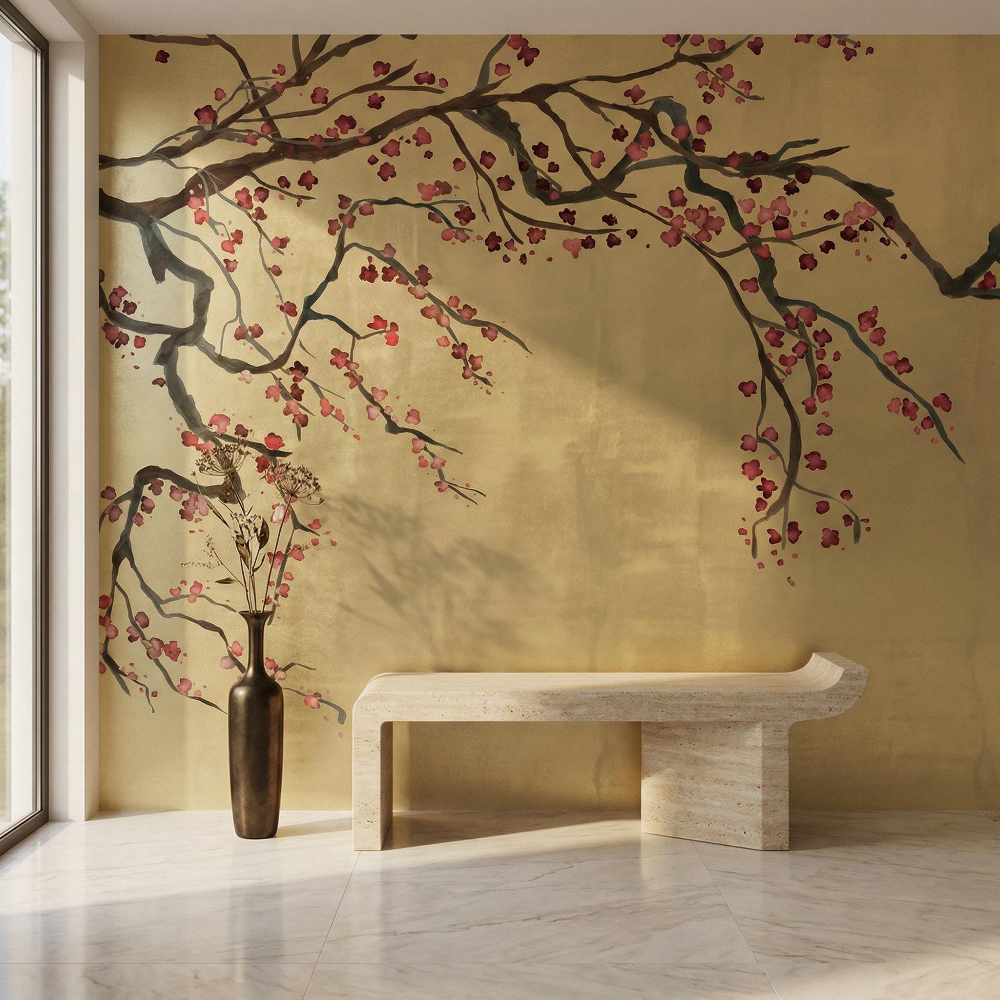 シノワズリゴールドメタリック桜の壁紙、高級壁紙壁画 - Etsy 日本