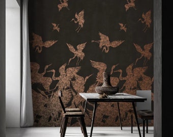 Beautiful Brown Heron Bird Wallpaper, Copper Metallic Luxury Chinoiserie Wallpaper Mural