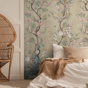 Cherry Blossom Light Brown Chinoiserie Distressed Removable  Peel-and-Stick Kubla Khan wallpaper