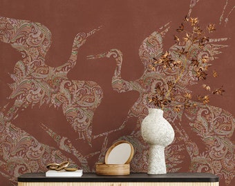 Beautiful Brown Heron Bird Wallpaper, Luxury Chinoiserie Removable Peel & Stick Wallpaper Mural