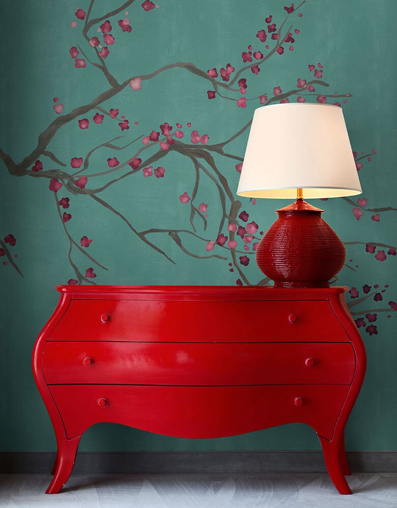 Chinoiserie Cherry Blossom Takeda Teal wallpaper mural Etsy