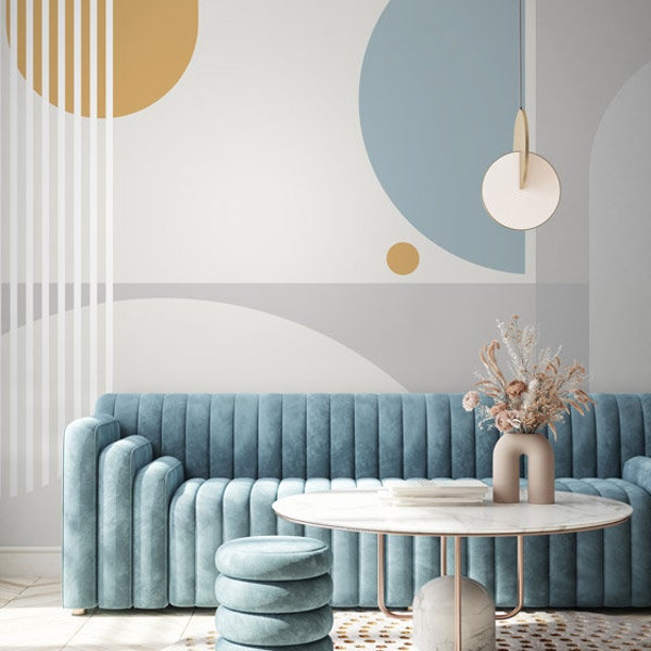 Grey & blue retro abstract wallpaper mural, paste the wall, removable peel and stick