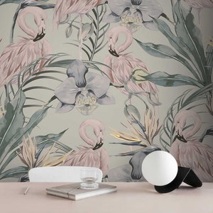 Flamingo wallpaper, pink and green tropical wallpaper, removable peel and stick, paste the wall