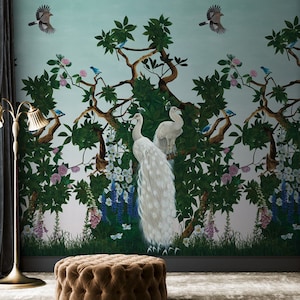 Carta da parati con uccelli cineserie, carta da parati con pavone verde acqua, carta da parati con incollaggio naturale sul muro