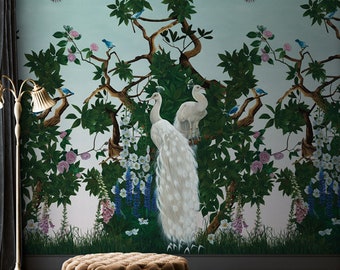 Chinoiserie bird wallpaper, Teal peacock wallpaper, Nature paste the wall wallpaper