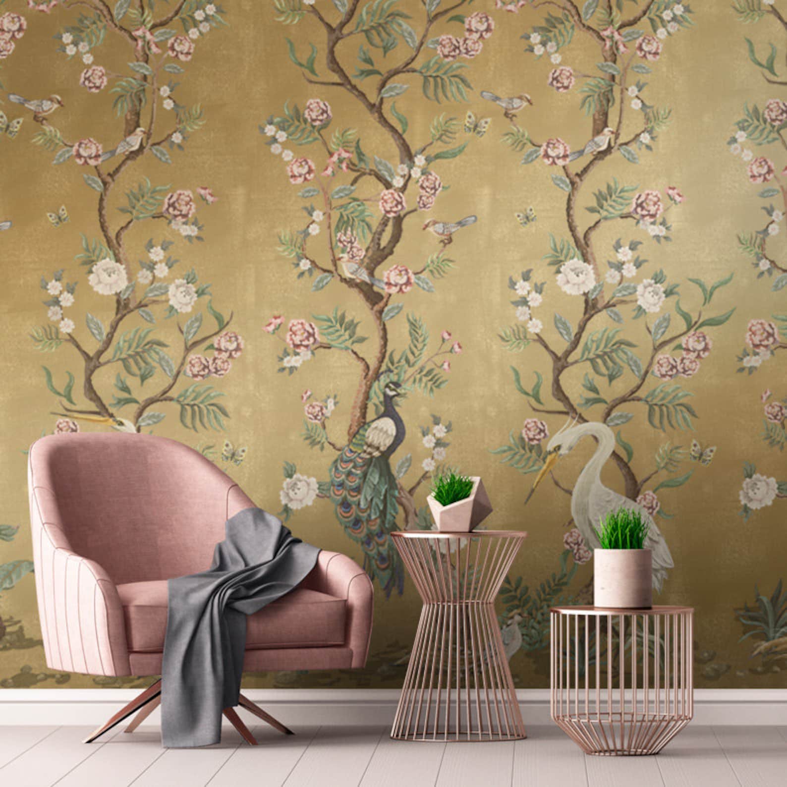 Gold Metallic Chinoiserie Cherry Blossom Bird Luxury Wallpaper Mural - Etsy