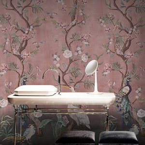 Carta da parati Kubla Khan staccabile e incollabile in stile cineserie rosa con fiori di ciliegio