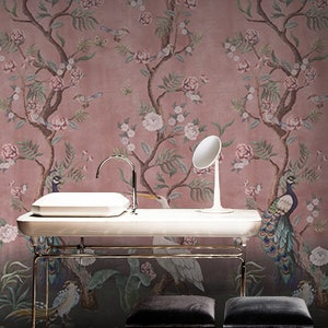 Cherry Blossom Pink Chinoiserie Distressed Removable  Peel-and-Stick Kubla Khan wallpaper