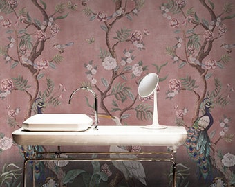 Cherry Blossom Pink Chinoiserie Distressed Removable  Peel-and-Stick Kubla Khan wallpaper