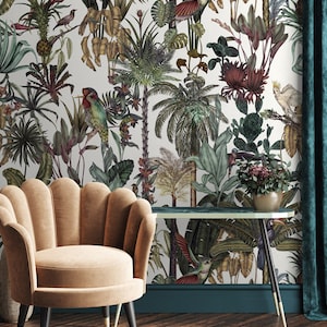 Tropische Vogel Tapete, weißes Dschungel Wandbild, abnehmbares Schälen und aufkleben, die Wand einkleben