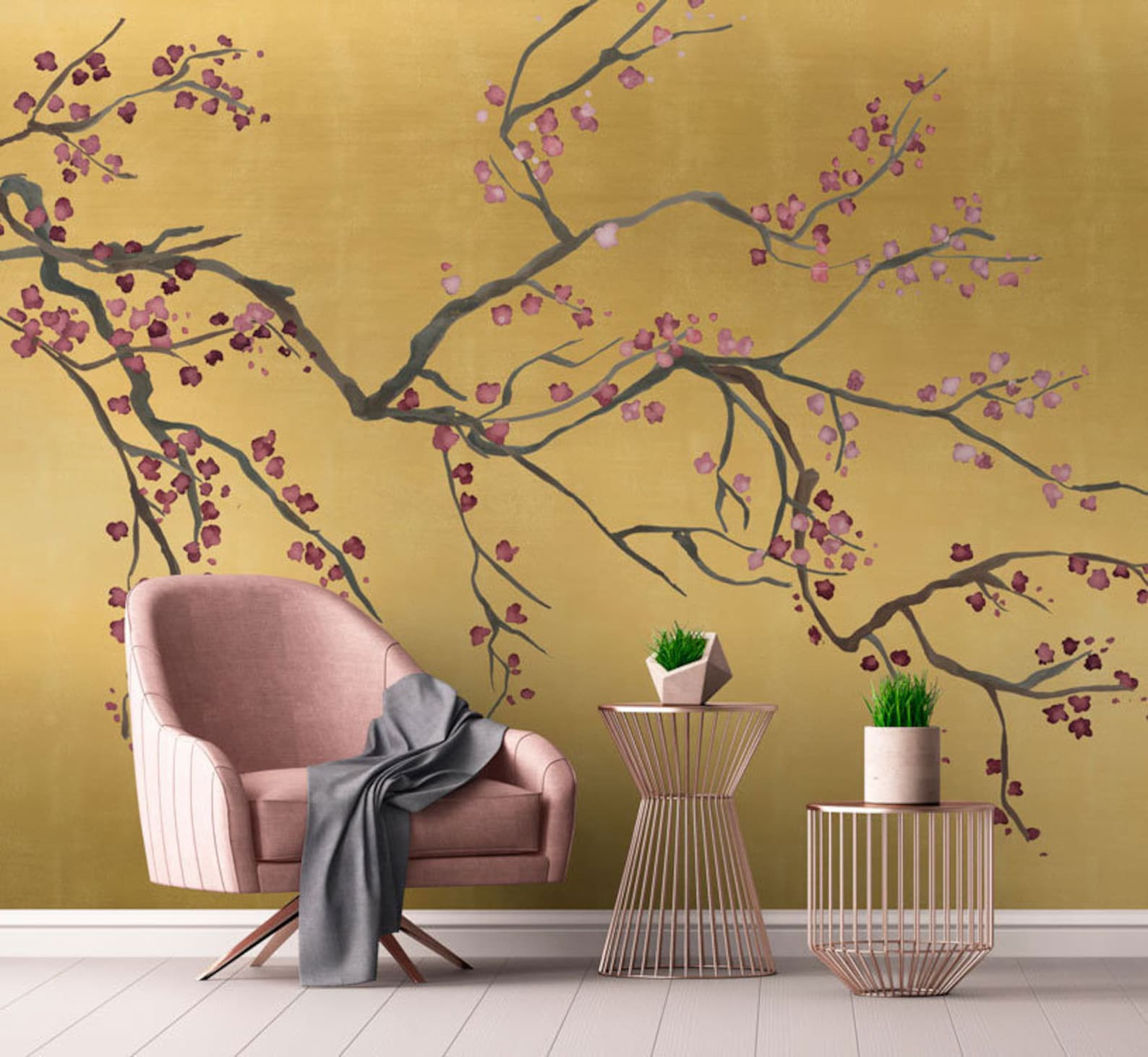 Gold Metallic Chinoiserie Cherry Blossom Luxury Wallpaper | Etsy UK