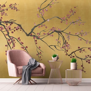 Chinoiserie Gold Metallic Kirschblüten Tapete, Luxus Tapetenbild