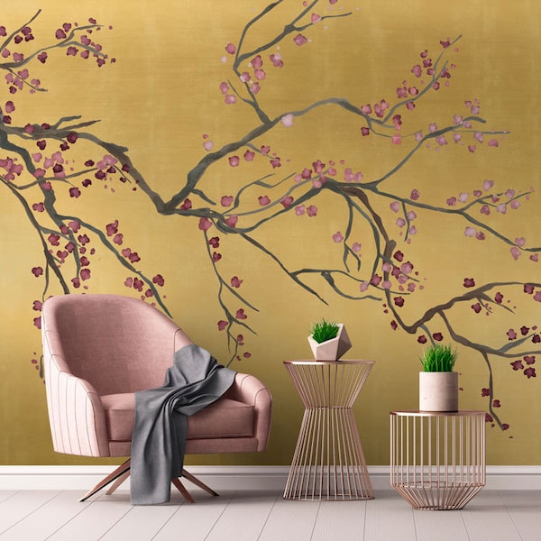 Chinoiserie Gold Metallic Kirschblüten Tapete, Luxus Tapete Wandbild