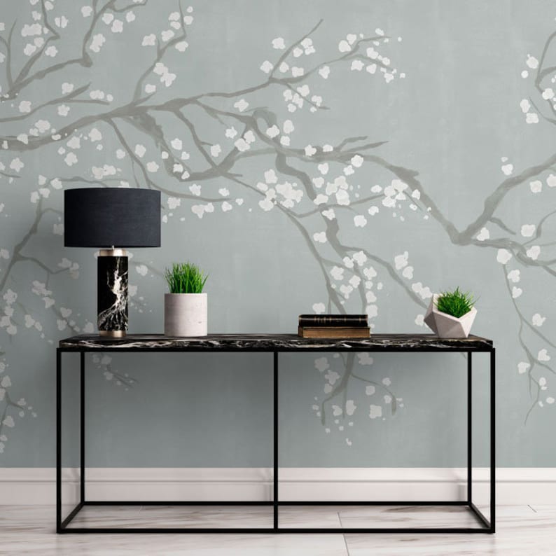 Chinoiserie Cherry Blossom Takeda Duck Egg Blue Wallpaper Etsy