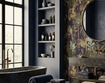 Tropical bird wallpaper, dark blue jungle wall mural, removable peel and stick, paste the wall
