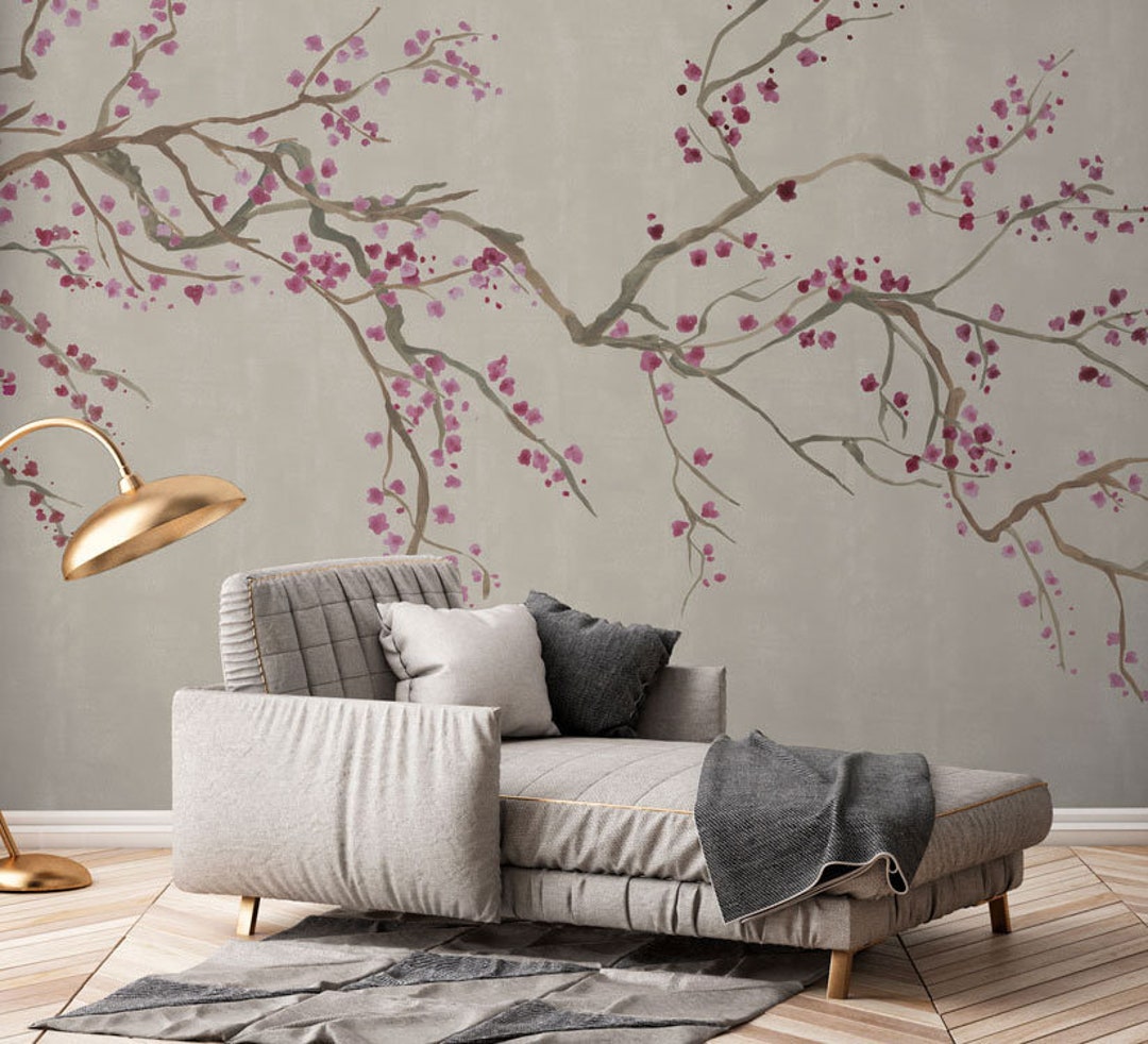 Chinoiserie Sand Cherry Blossom Wallpaper, Paste the Wall Mural - Etsy
