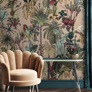 Carta da parati con uccelli tropicali, murale con giungla arancione, staccabile e incollabile, incolla il muro