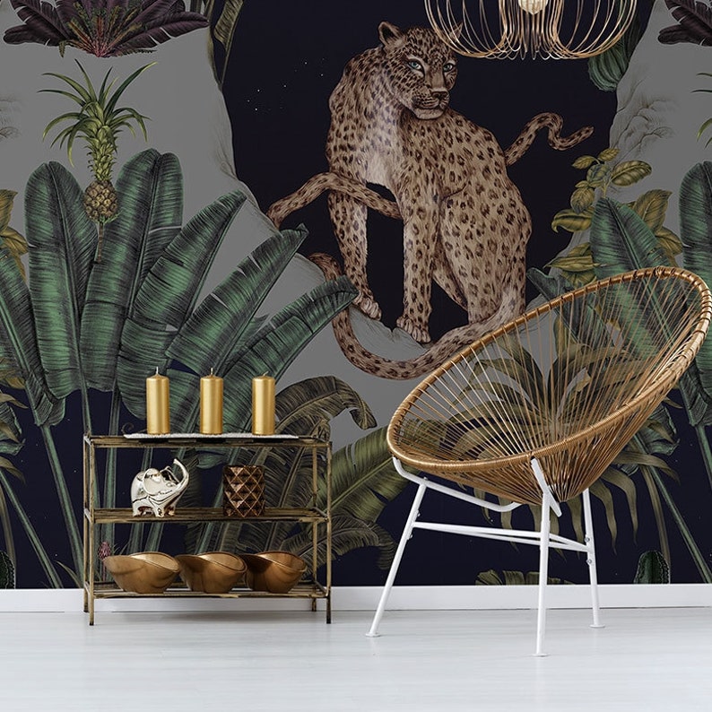 Tropical Leopard Wallpaper Jungle Wallpaper Paste the Wall Etsy