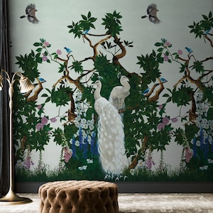 Chinoiserie bird wallpaper, Green peacock wallpaper, Nature paste the wall wallpaper