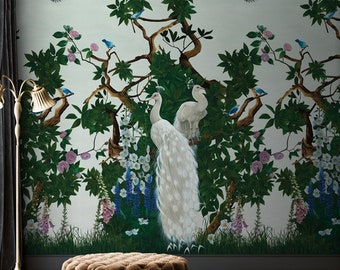 Chinoiserie bird wallpaper, Green peacock wallpaper, Nature paste the wall wallpaper