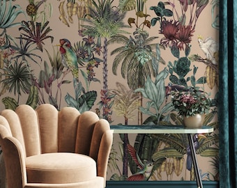 Papel de parede de pássaros tropicais, mural de parede de selva laranja, casca removível e bastão, cole na parede