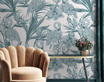 Flamingo behang, blauw tropisch behang, verwijderbaar, zelfklevend, plakken op de muur.