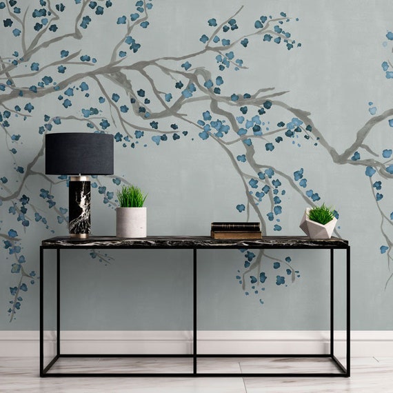 Papel tapiz de flor de cerezo azul Chinoiserie pega el mural - Etsy México