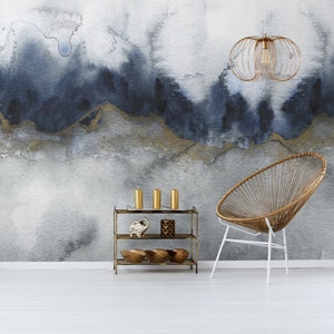 Abstract grey and blue painted wall mural, watercolour wallpaper, paste the wall