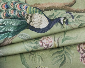 Fågelgardintyg i chinoiserie, kuddtyg i linne och bomull, tryckt tyg i vintagestil