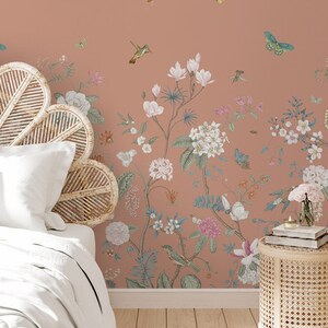 Carta da parati con farfalle, carta da parati floreale rosa, incolla il murale rimovibile con stacca e incolla
