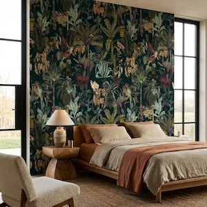 Tropical bird wallpaper, dark green jungle wall mural, removable peel and stick, paste the wall image 1