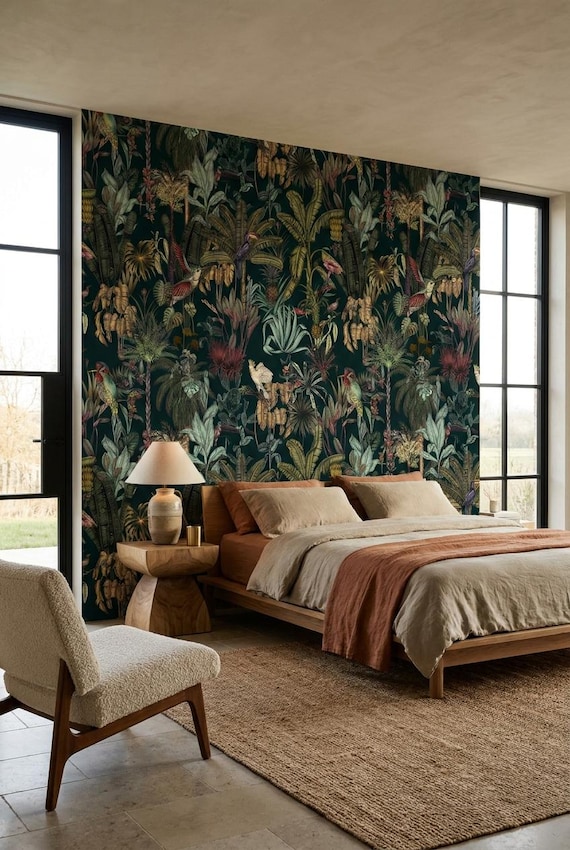 Tropical bird wallpaper, dark green jungle wall mural, removable peel and stick, paste the wall