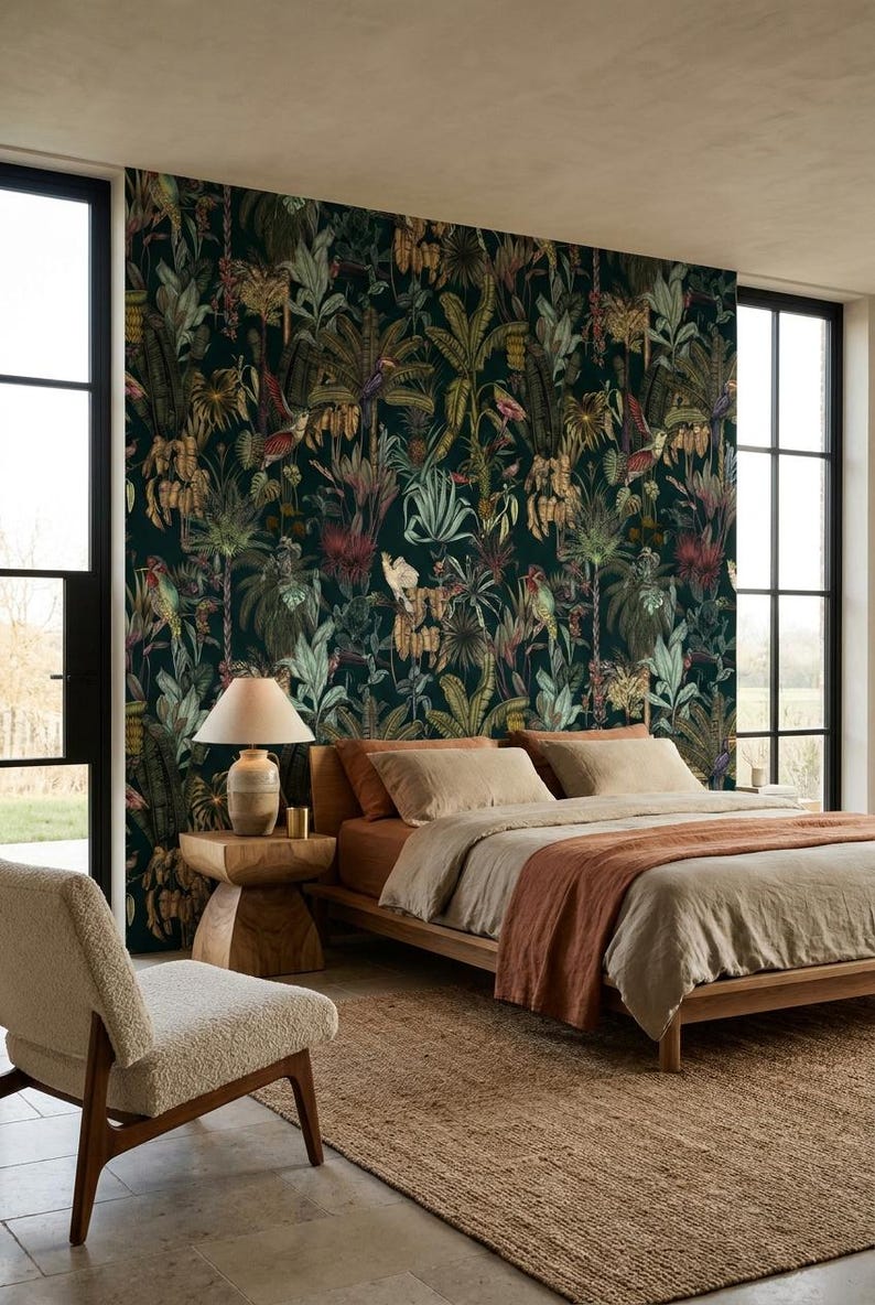 Tropical bird wallpaper, dark green jungle wall mural, removable peel and stick, paste the wall image 1