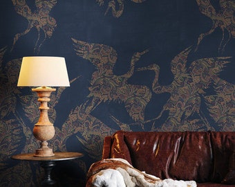 Beautiful Blue Heron Bird Wallpaper, Luxury Paisley Removable Peel & Stick Wallpaper Mural