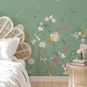 Schmetterling Tapete, Blumentapete Grün, einkleben und das Wandbild wieder abziehen und aufkleben