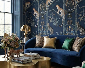 Blue Jungle Leopard Wallpaper, Removable Peel-and-Stick Wall mural