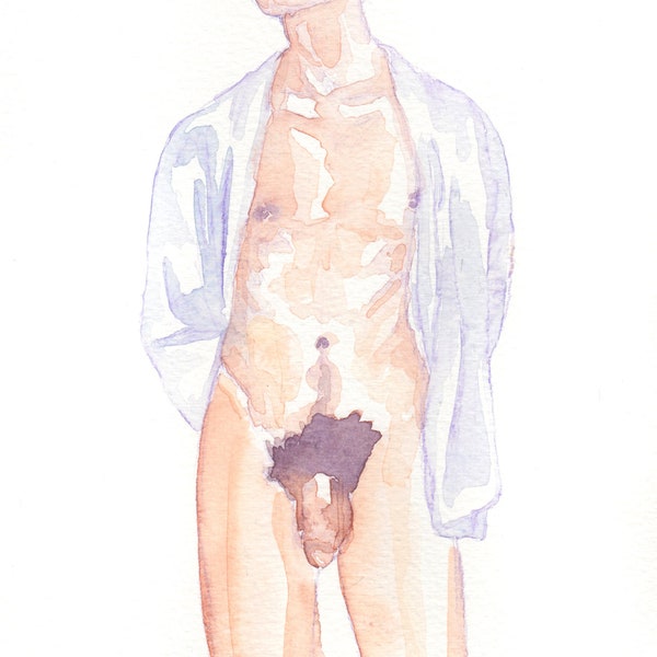 Jeune homme timide, Aquarelle Originale