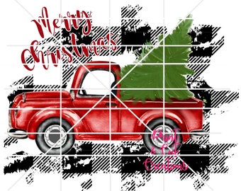 Buffalo Plaid Red Truck with Christmas Tree PNG (Digital Download)