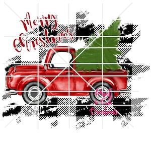 Op de afbeelding: Een rode vintage pick-up truck met een kerstboom in de laadbak. De truck staat op een zwart-wit geruite achtergrond met de woorden "Merry Christmas" in wit cursief.