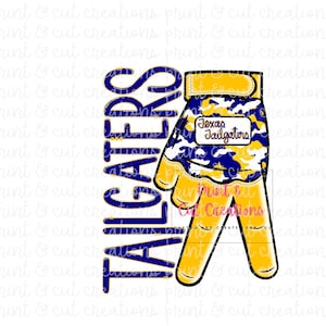 Könnte beinhalten: Ein gelb-blaues Handschuhdesign mit dem Text "TAILGATERS" in Blau und "Texas Tailgators" auf einem weißen Rechteck. Der Handschuh hat ein Tarnmuster in Blau und Gelb.