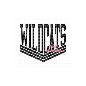 May include: Black and white graphic design with the word "WILDCATS" in bold letters. The text is layered over a chevron pattern.