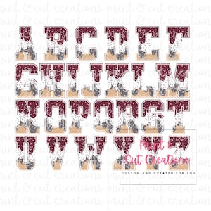May include: A full alphabet in a varsity-style font, each letter featuring a maroon outline with a textured ice cream design. The letters have a tan base with gray and white sprinkles, and the text "Print & Cut Creations" is visible.